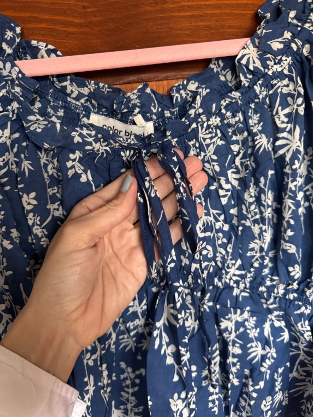 44. Blue Floral Off-Shoulder Smocked Peplum Blouse - Picture 9 of 11